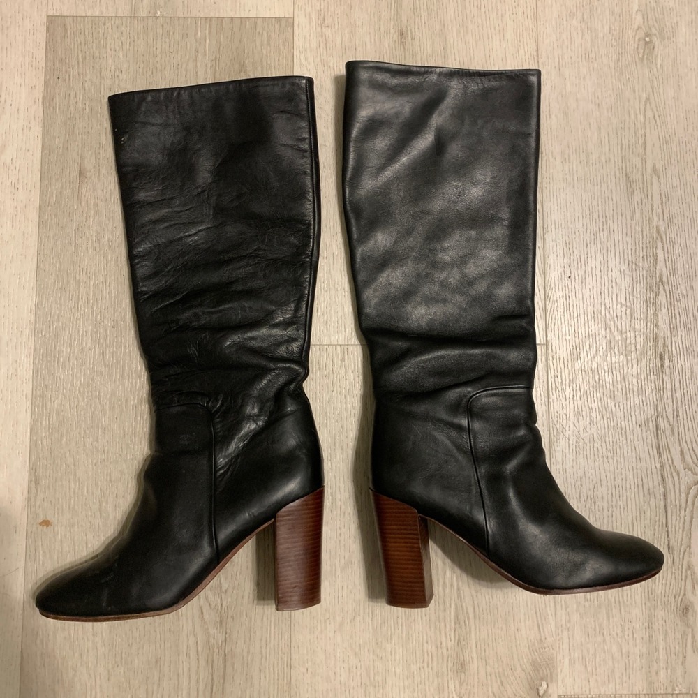 Land's End Women's Stanton High Heel "Black" Leather Pull On Boots Size 7.5 B